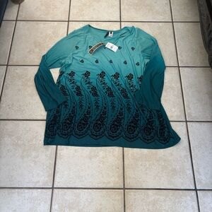 Susan Lawrence Teal Gradient Long Sleeve Top with Black Lace Motif